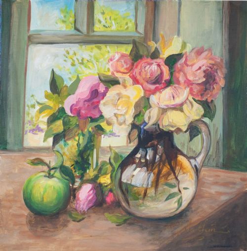 Blaithin O'Ciobhain - Garden Roses in Glass Vase